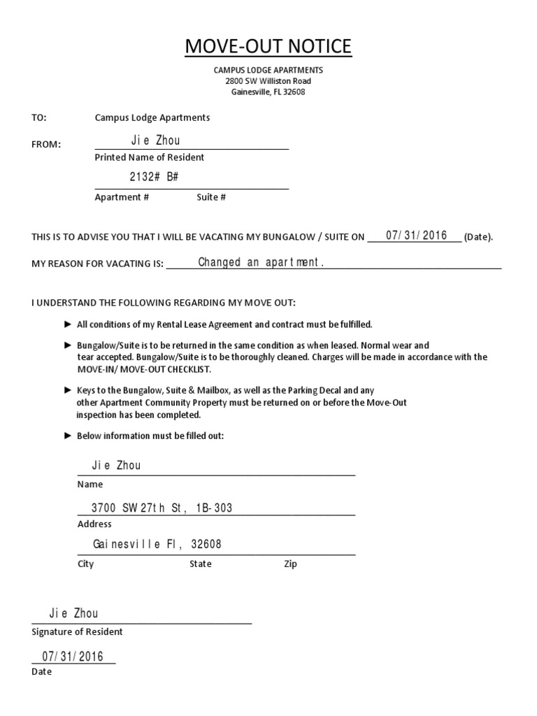 Campus Lodge Move-Out Notice Form | PDF
