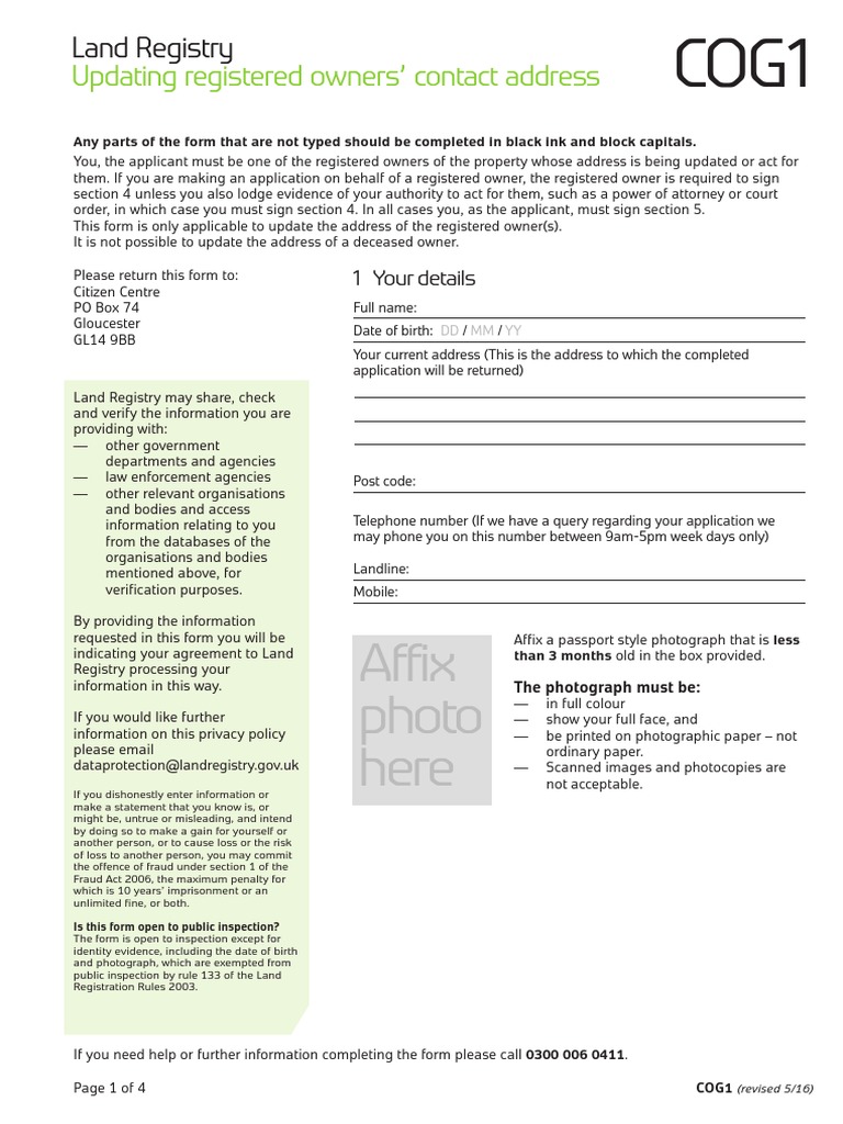 UK Land Registry Change of Details Form COG1 Address (Geography