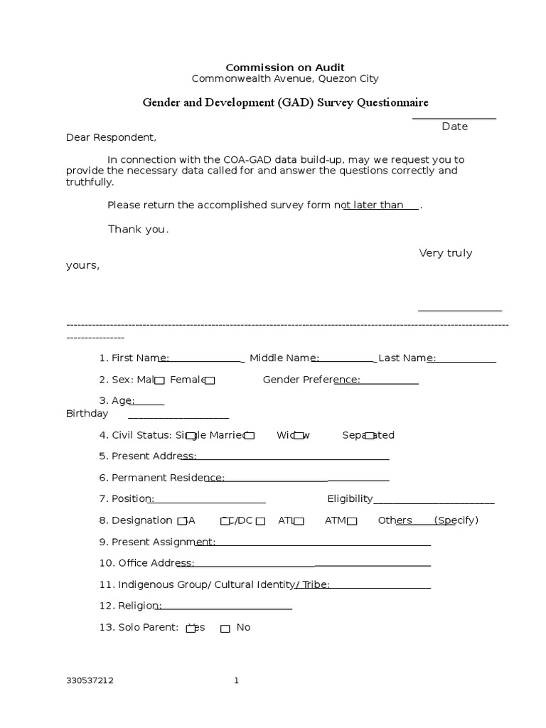 GAD Survey Questionnaire for COA | PDF | Gender | Gender Studies