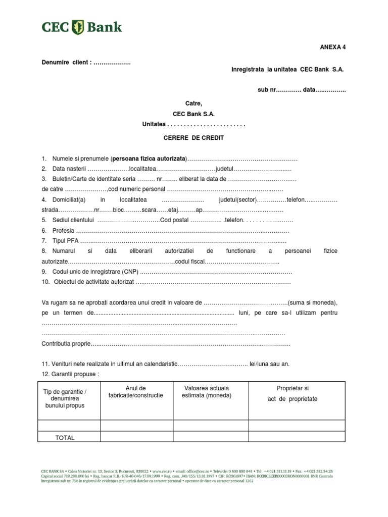 27 3 Cerere Credite PFA Independent Model CEC Bank | PDF