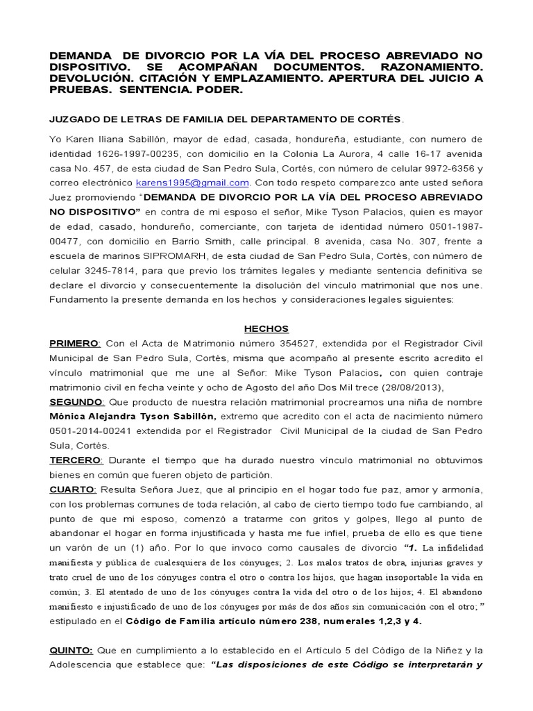 Demanda de Divorcio Contencioso Ej. Clase de Familia REV | Divorcio | Demanda judicial