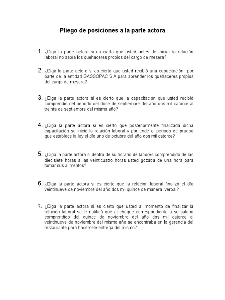 Pliego de Posiciones A La Parte Actora en Juicio Laboral Guatemalteco | PDF