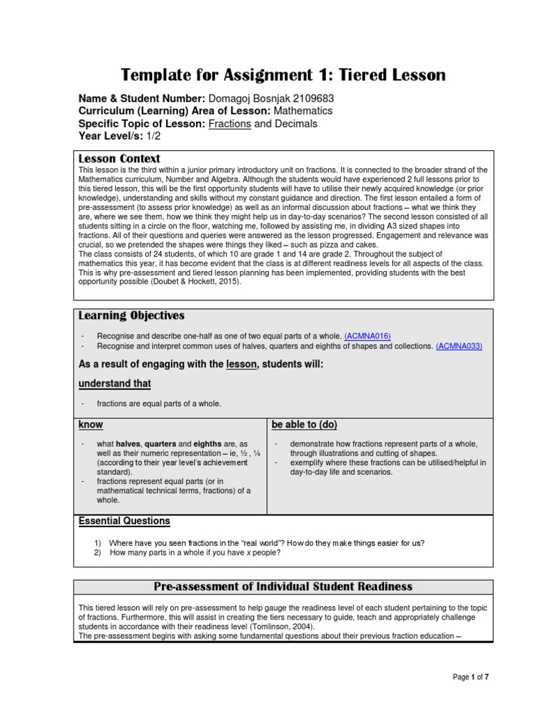 Tiered Lesson Plan Differentiated Instruction Lesson Plan