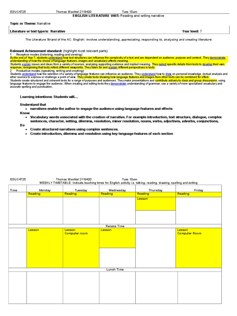Year 7 Narrative Writing Unit Plan | PDF | Narrative | Educational ...