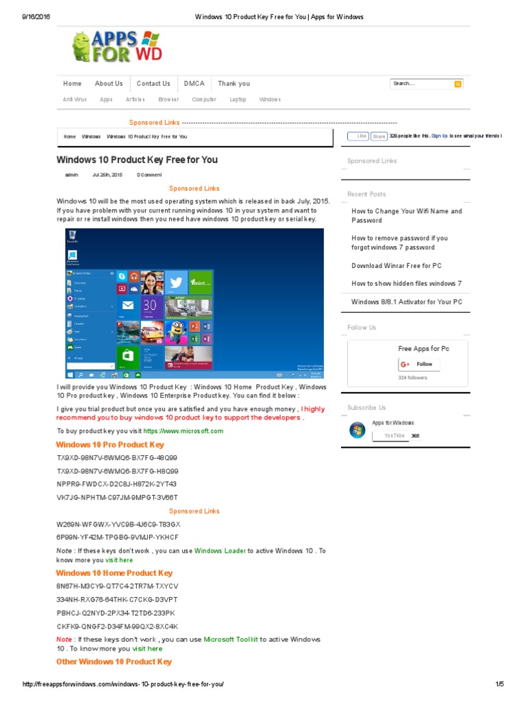 Windows 10 Product Key Free For You - Apps For Windows | PDF | Windows ...