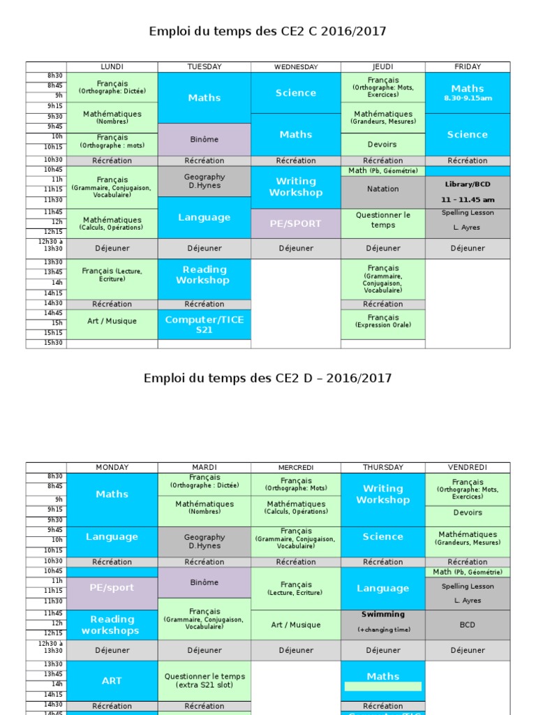 Emploi du temps CE2 C et D 2016/2017 | PDF | Arts du langage et ...
