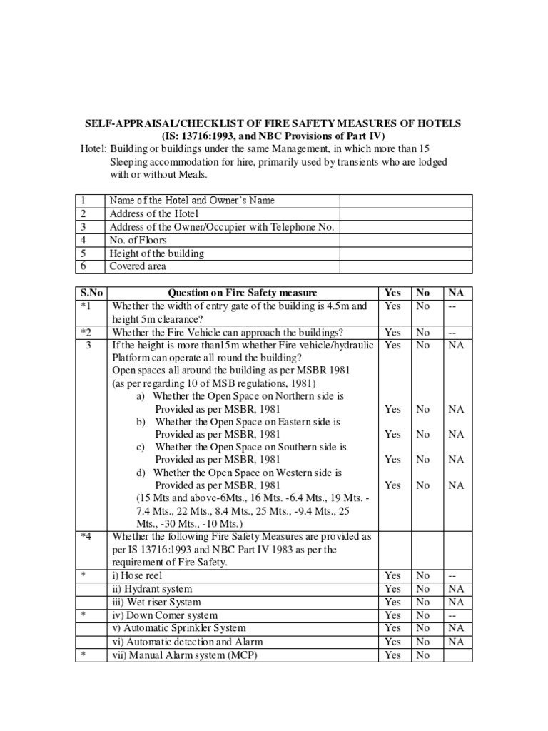 Checklist of Fire Safety Measures of Hotels Firefighting