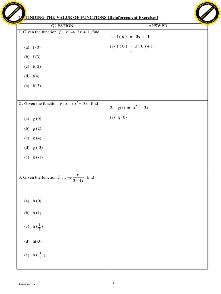 Function Value and Inverse Exercises | PDF
