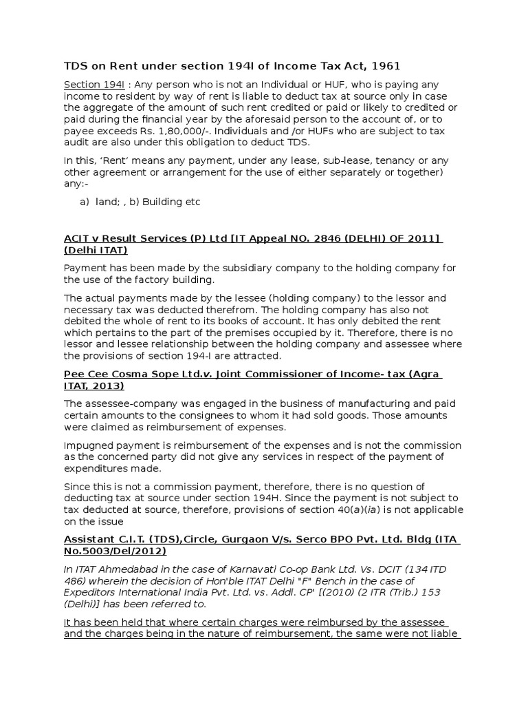 TDS On Rent Under Section 194I of Tax Act PDF Lease