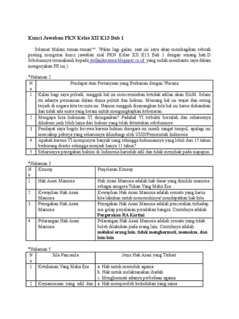 Kunci Jawaban Pkn Kelas Xii K13 Bab 1 Docx