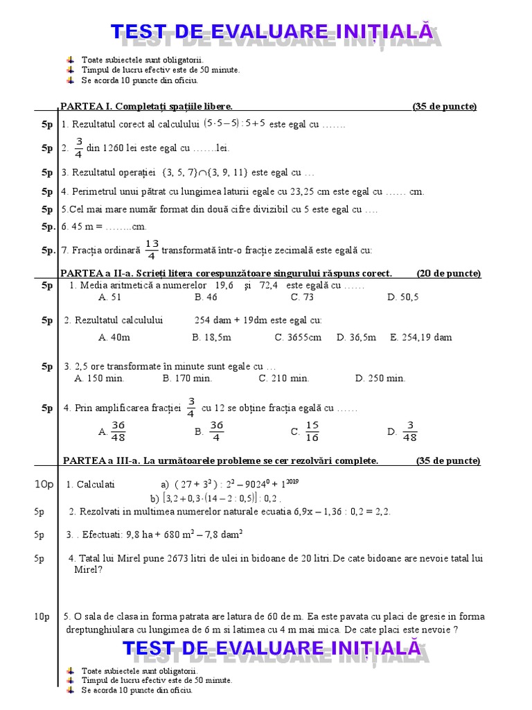 Test Initial Matematica Clasa a Via