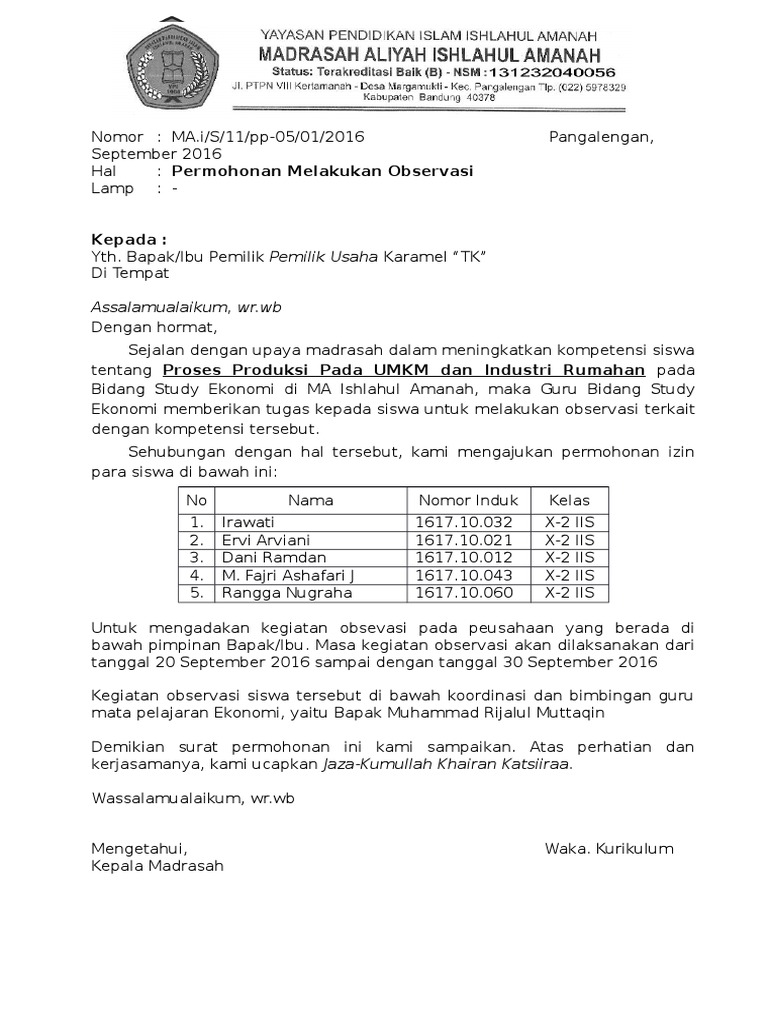 Contoh Surat Ke Sekolah Izin