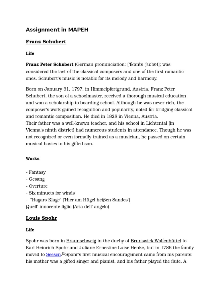 Assignment in MAPEH Franz Schubert Life Franz Peter Schubert (German