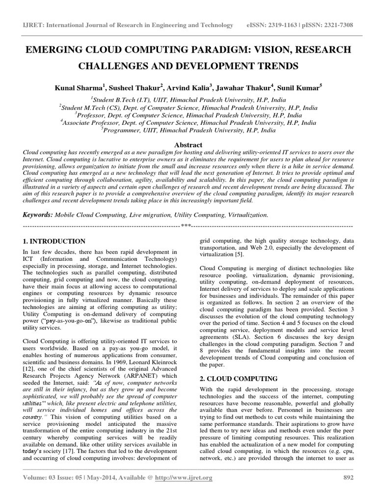 Emerging Cloud Computing Paradigm Vision, Research Challenges and ...