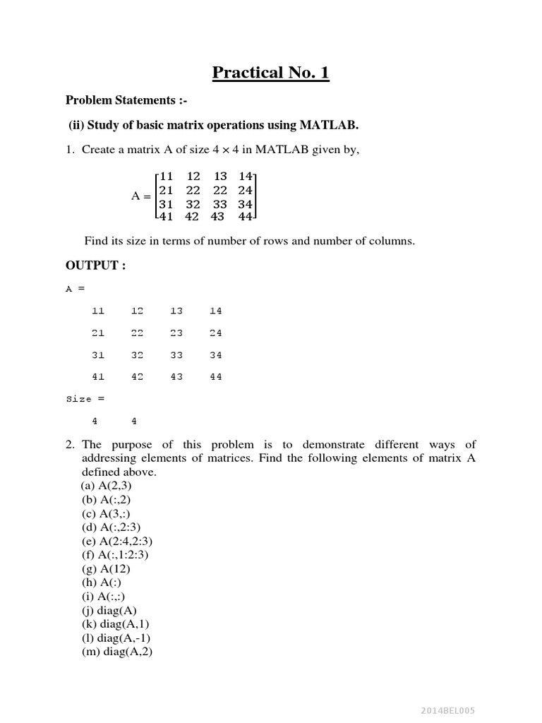 Practical No. 1: Problem Statements: - (Ii) Study of Basic Matrix ...