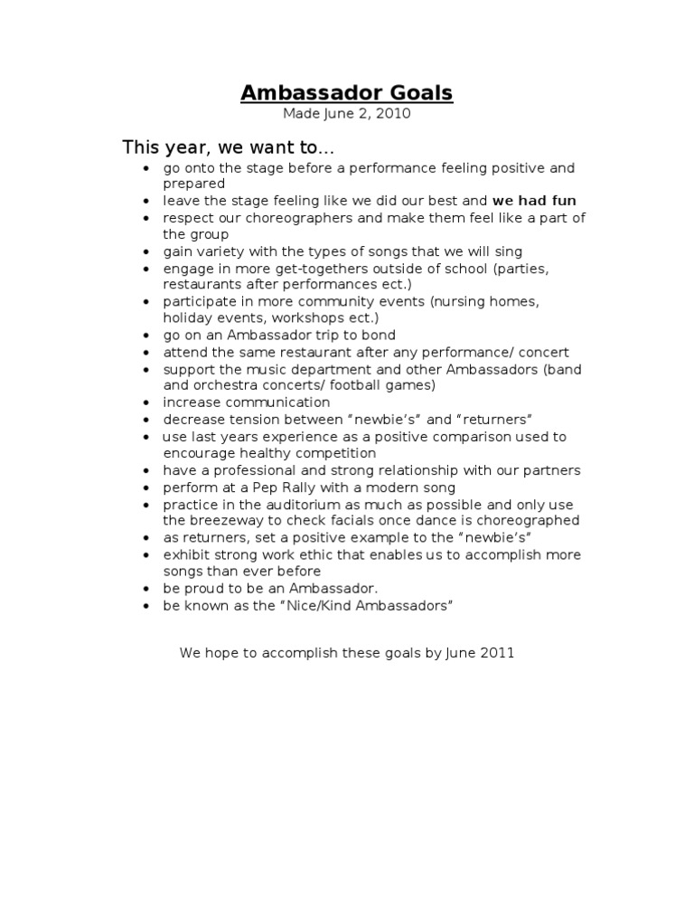 Ambassador Program Goals for 2010-2011 | PDF