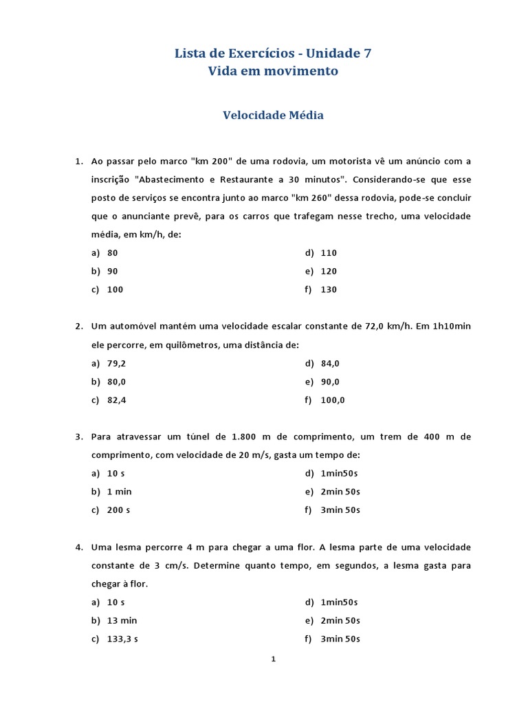 Exercicios sobre Velocidade Média | Unidades de Medida | Observação ...
