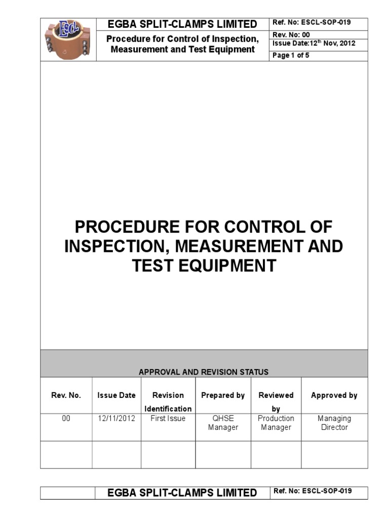 ESCL-SOP-019, Procedure For Control of Inspection, Measurement and Test ...