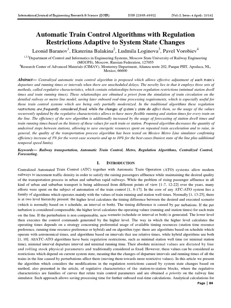 Engineering Journal Automatic Train Control Algorithms With Regulation ...
