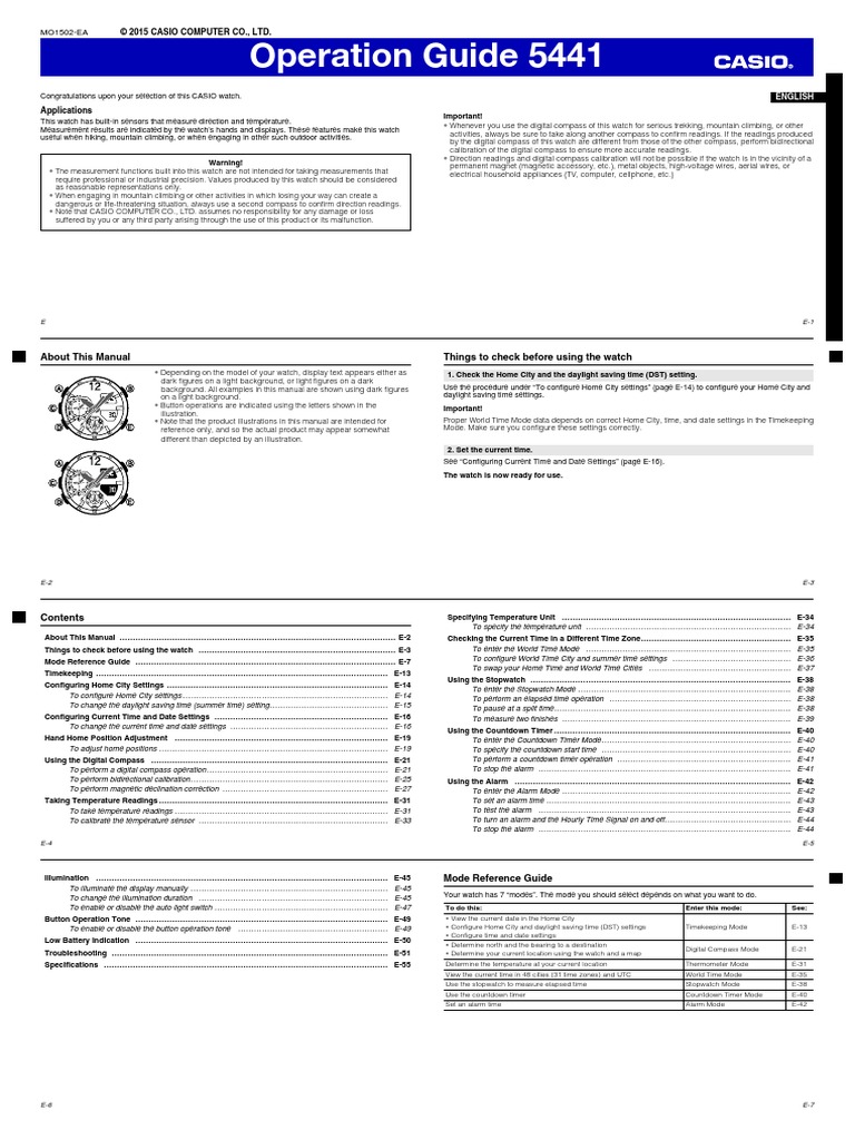 Casio GA-1100-2A Quick Operation Guide (Module No. 5441) | PDF | Compass |  Daylight Saving Time