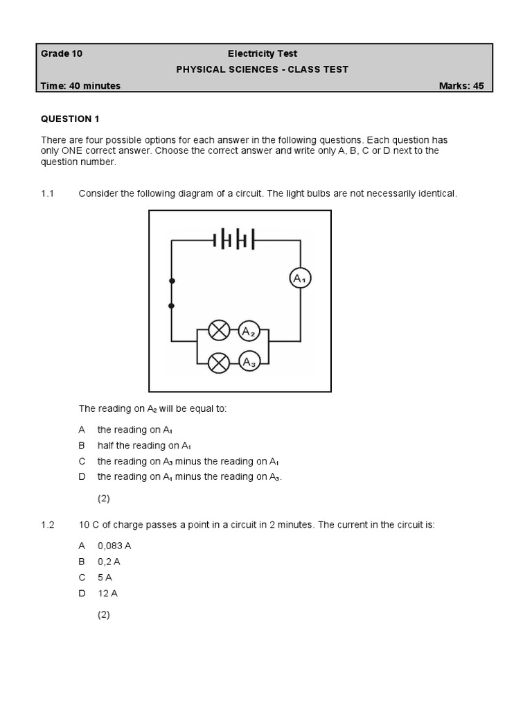1 Electricity Test Questions PDF Electric Charge Voltage