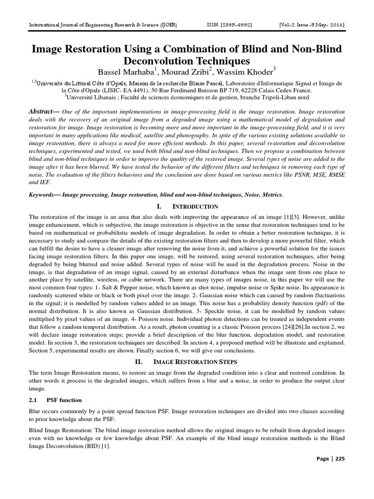 Engineering Journal Image Restoration Using A Combination of Blind and ...