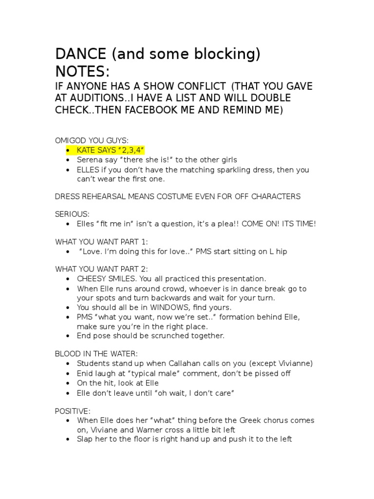 Dance and Blocking Notes for Rehearsal | PDF