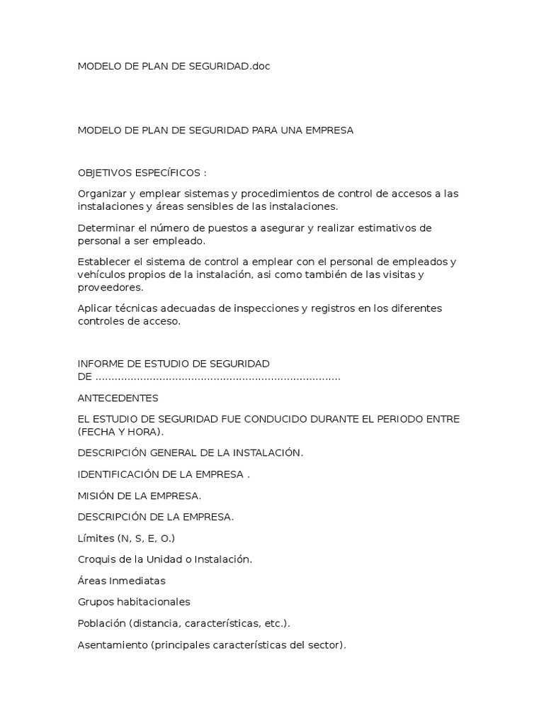 Modelo de Plan de Seguridad Empresarial | PDF | Policía | Archivo de ...