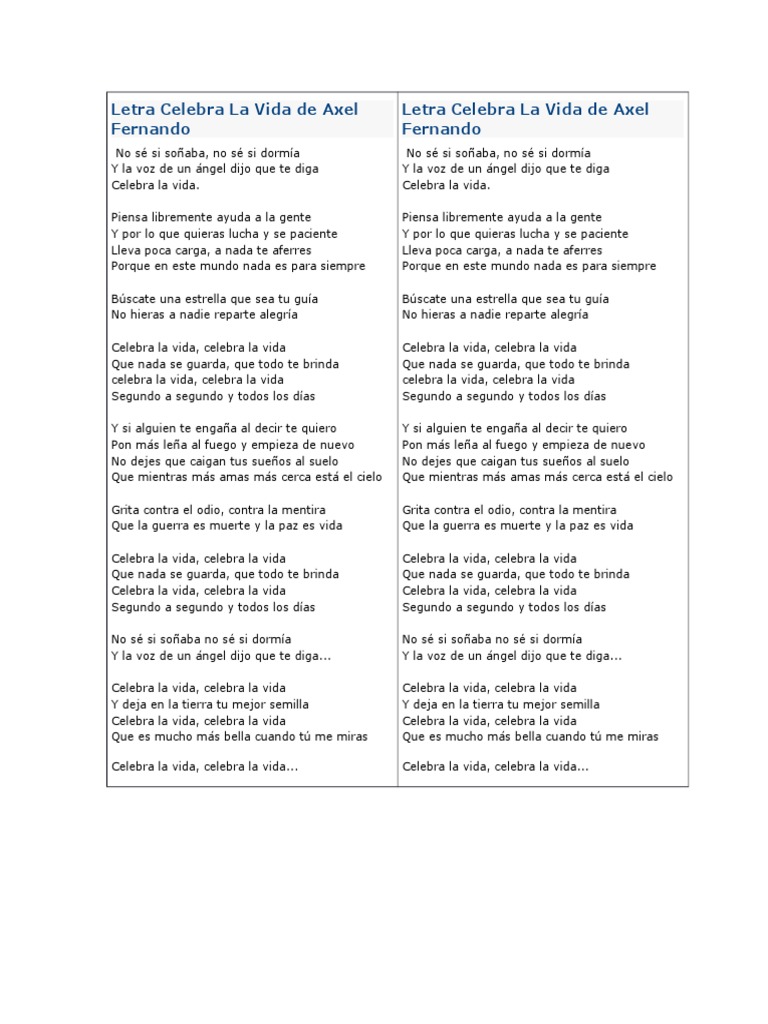 Letra Celebra La Vida De Axel Fernando Pdf Ocio Entretenimiento
