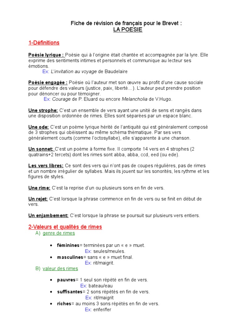 Fiche De Révision Sur La Littérature D'idées Fiche de révision de français pour le Brevet | Poésie | Rime dans la