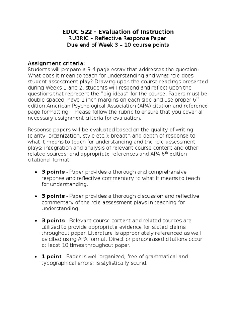Reflective Response Paper Rubric for EDUC 522 | PDF