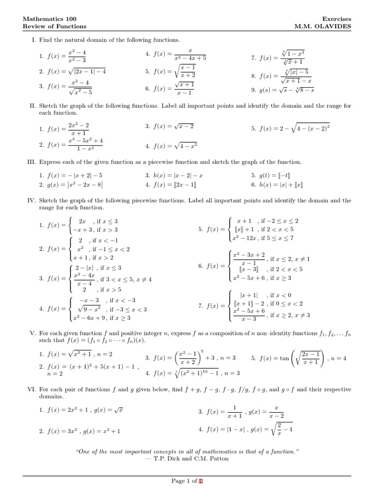 M100 Exercises - Review of Functions | PDF | Teaching Mathematics | Logic