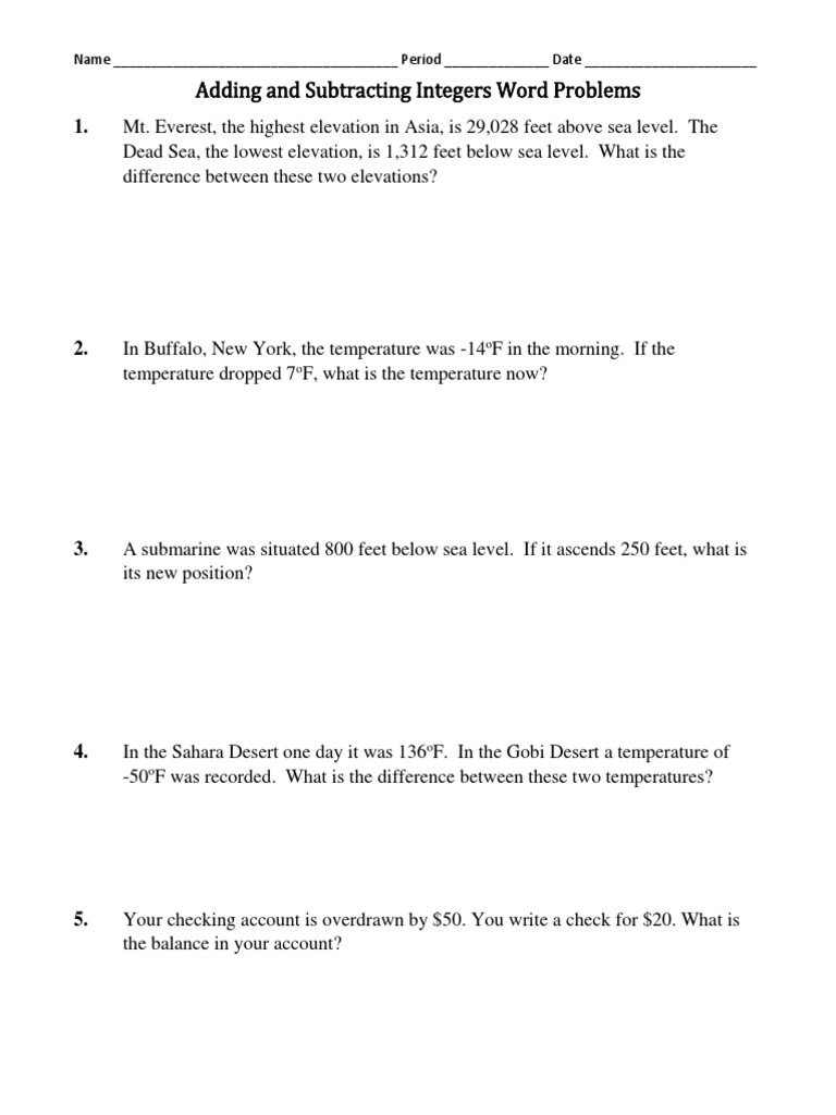 Adding and Subtracting Integers Word Problems Worksheet  PDF In Integers Word Problems Worksheet