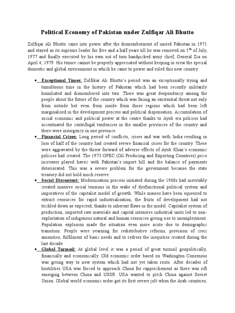 Political Economy of Pakistan Under Zulfiqar Ali Bhutto | PDF ...