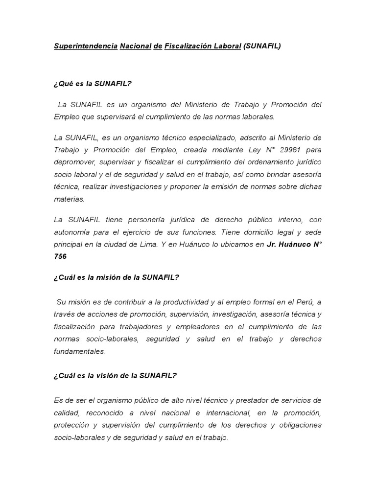 Funciones y Misión de SUNAFIL | PDF | Derecho laboral | Gobierno
