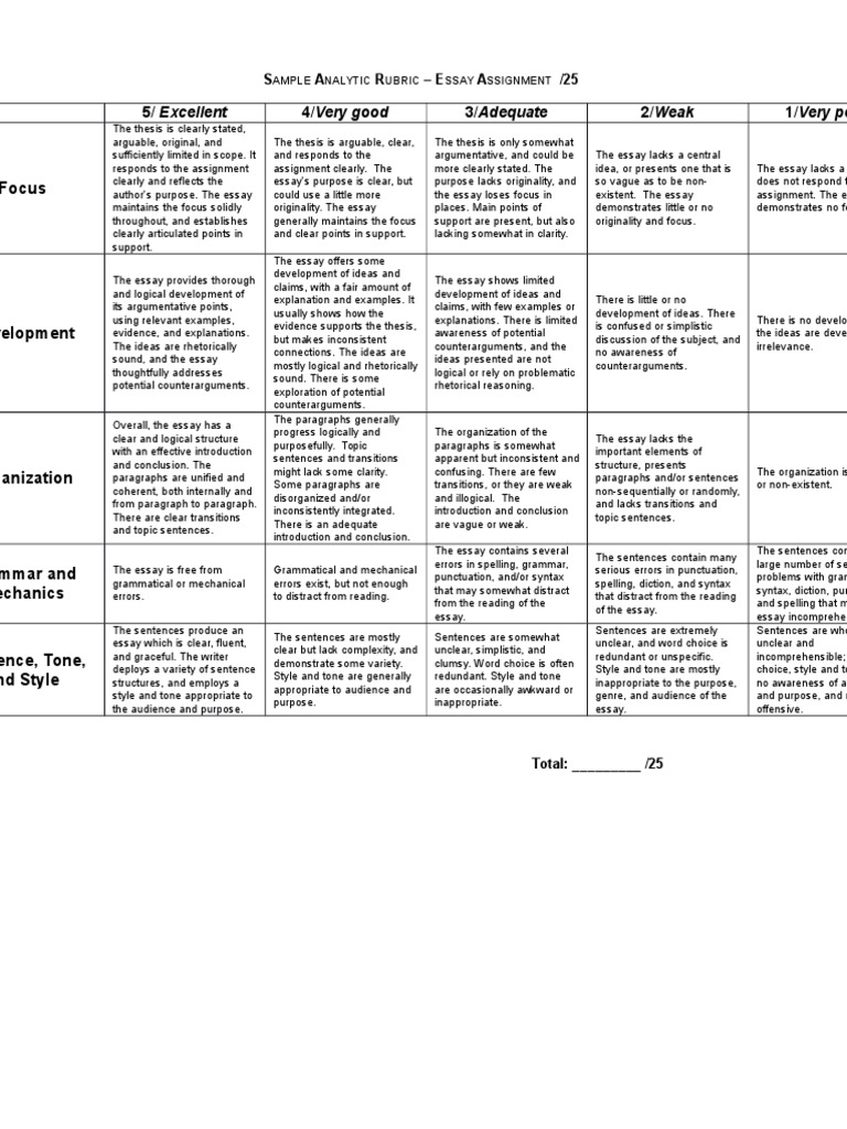 Sample Analytic Rubric | PDF | Essays | Paragraph