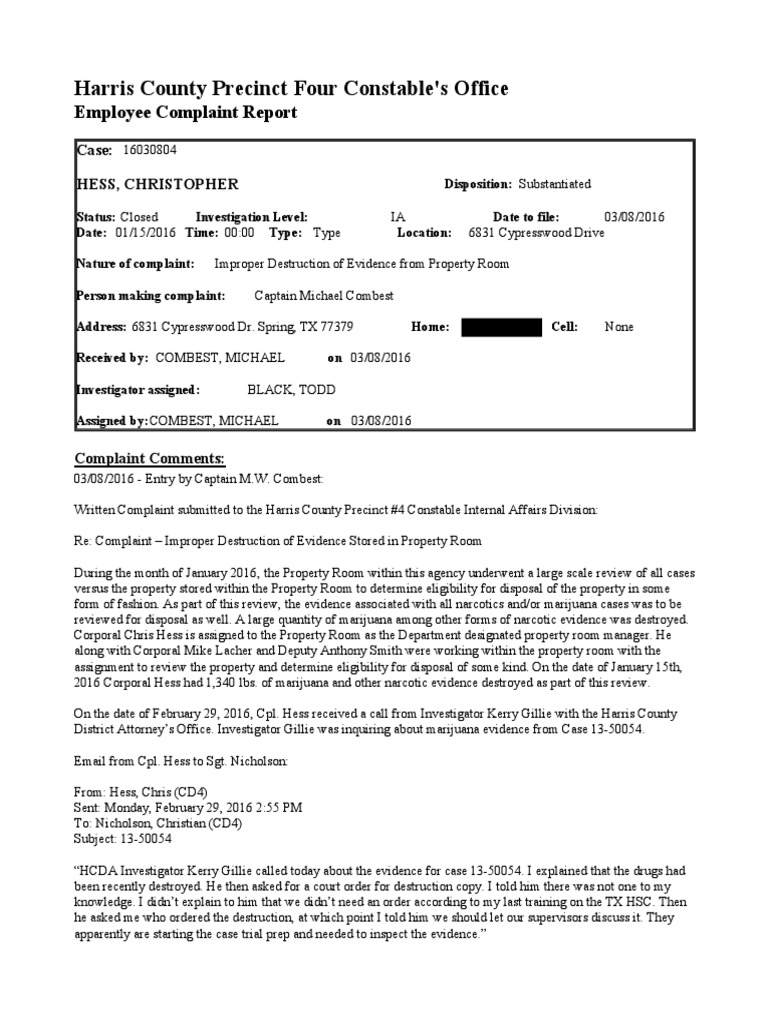 Harris County Precinct Four Constable's Office Employee Complaint Report |  PDF | Perjury | Right To Silence
