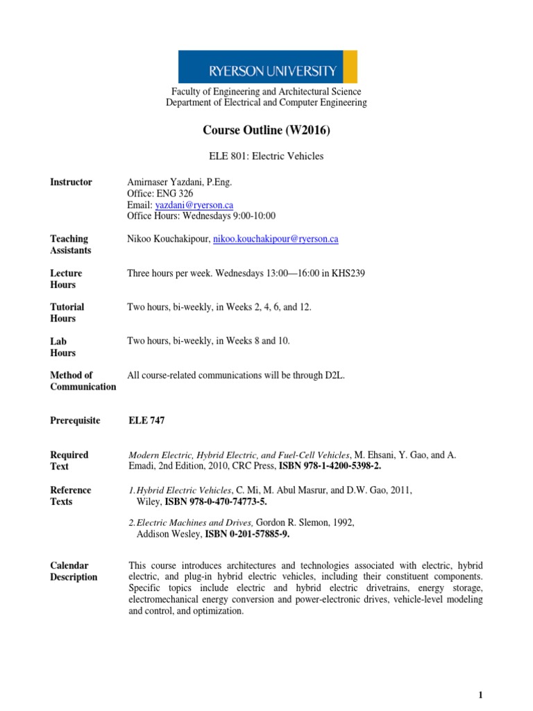 ELE 801: Electric Vehicles Course Outline | PDF | Electric Vehicle ...