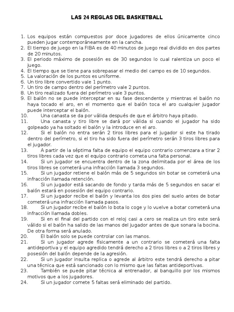 20 Reglas Del Basquetbol