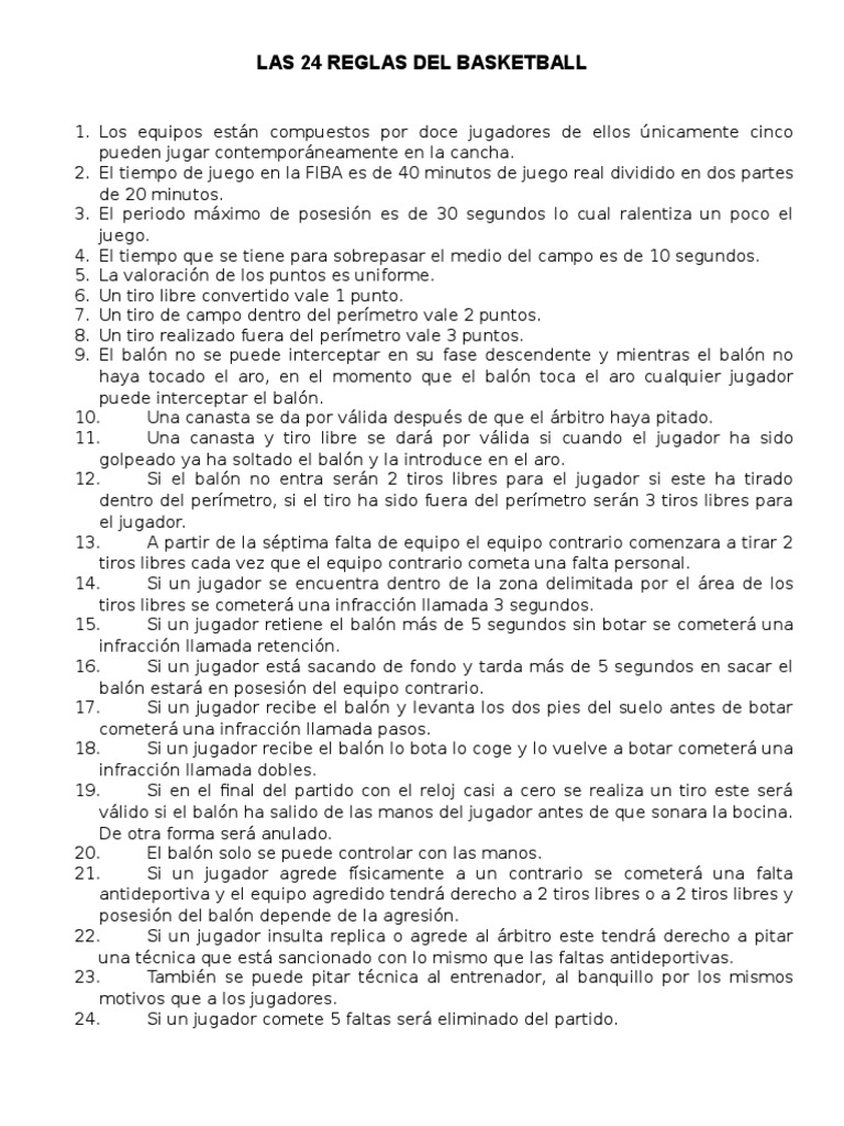 Las 24 Reglas Del Basketball | PDF | Asociación de Futbol | Reglas y  regulaciones deportivas