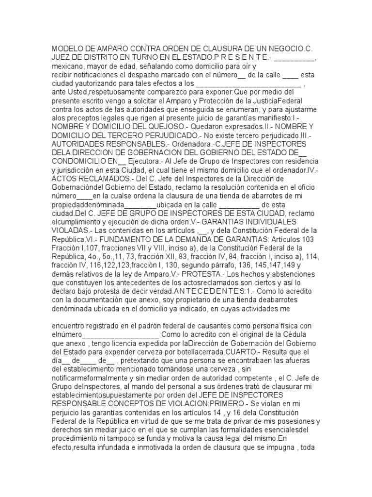 Modelo de Amparo Contra Orden de Clausura de Un Negocio | PDF | Ley ...