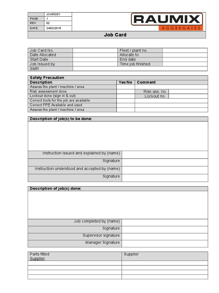 Job Card Template and Checklist | PDF | Business | Technology & Engineering