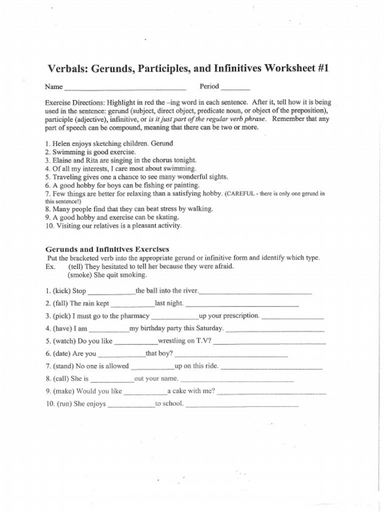 Verbals Worksheet PDF