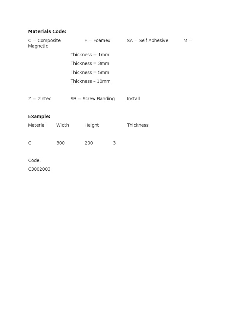 Material Codes and Thickness Guide | PDF