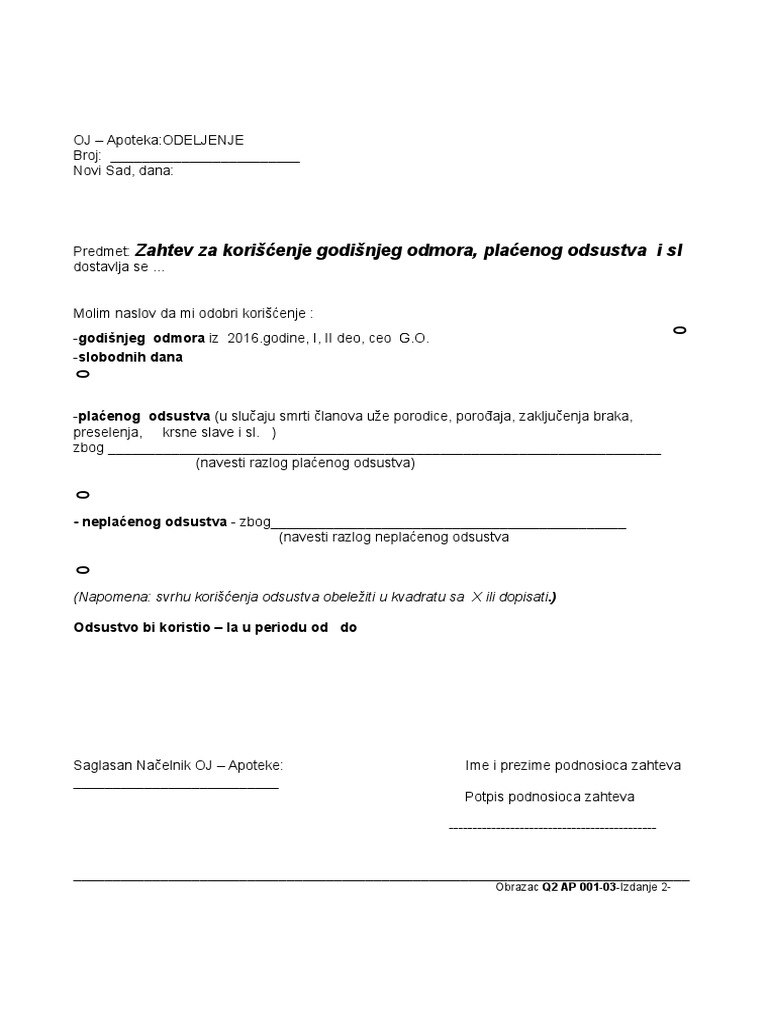 Zahtev Za Godisnji Odmor | PDF