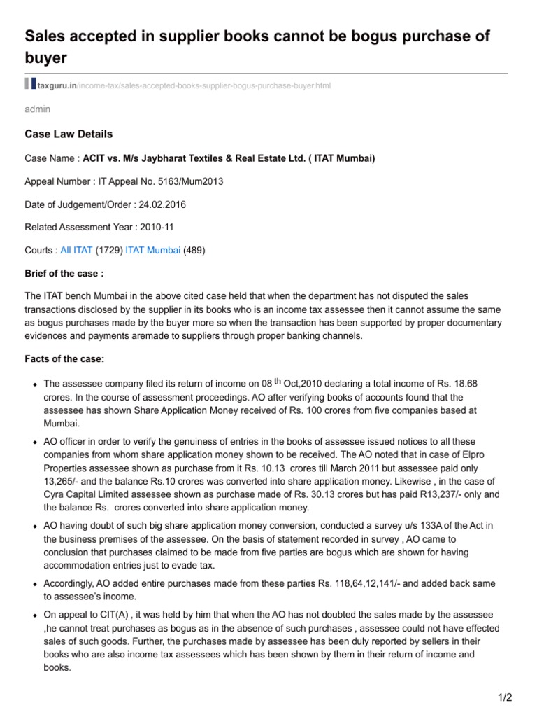 Taxguru InSales Accepted in Supplier Books Cannot Be Bogus Purchase