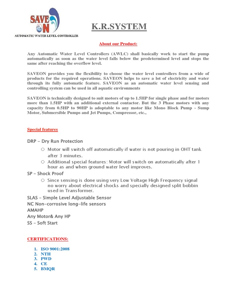 Saveon Water Level Controller | PDF | Voltage | Electricity