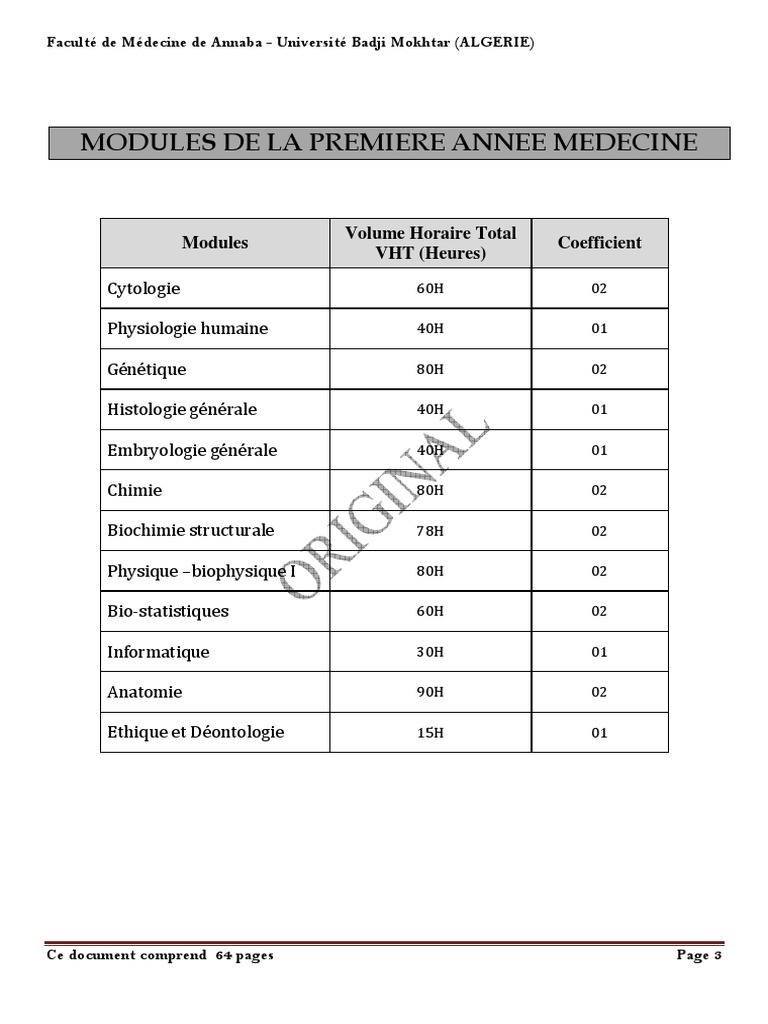 Progremme 1ère Année Médecine Annaba Bioéthique Mitochondrie