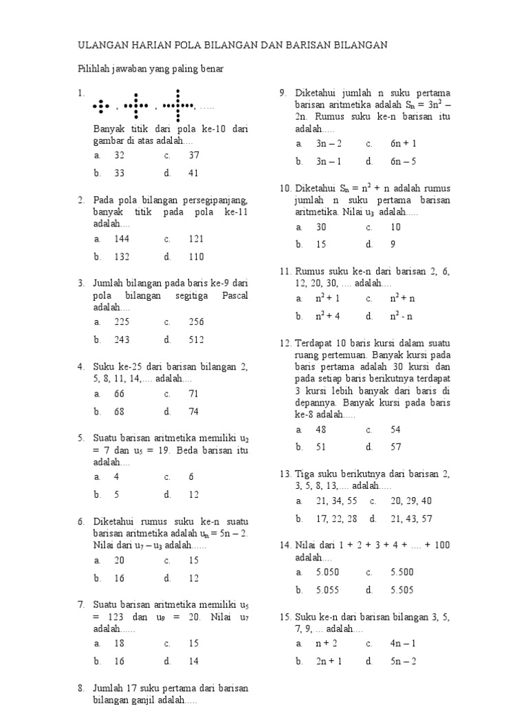Latihan Soal Ulangan Harian Matematika Kls 8 Bab Pola Bilangan