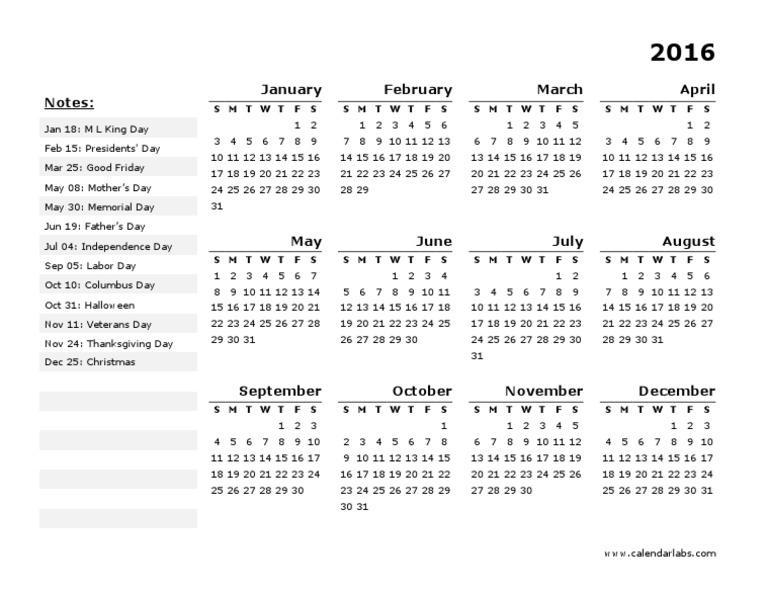 2016 Yearly Calendar Landscape 11 | PDF